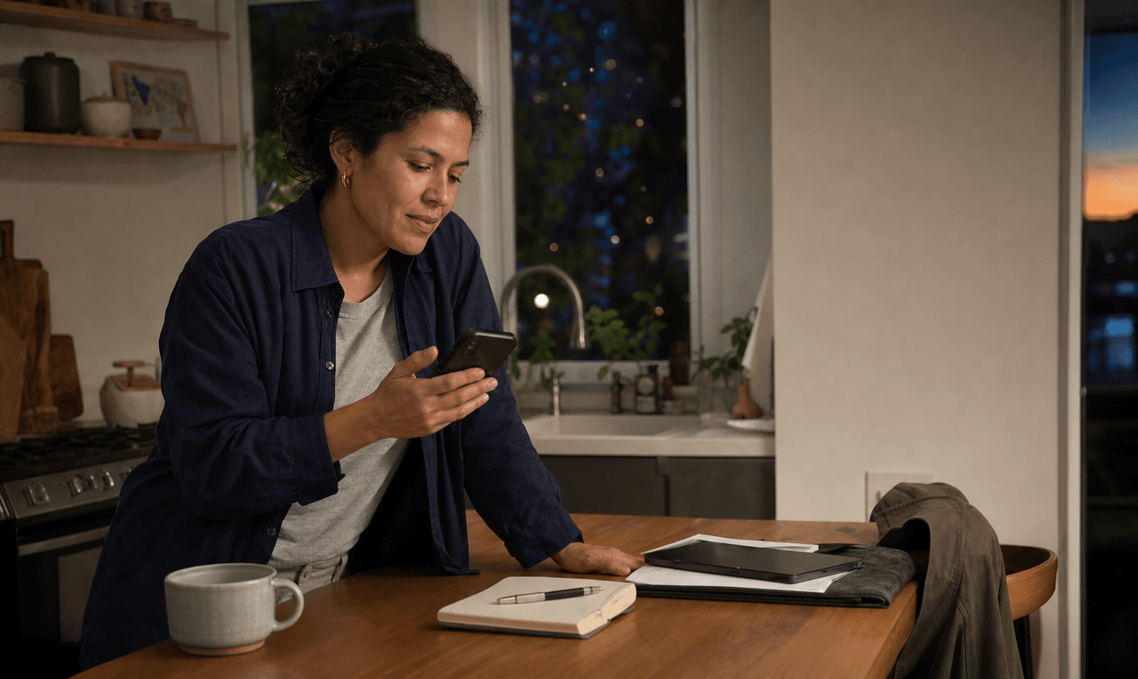 An adult daughter receiving a calm alert on her phone at home